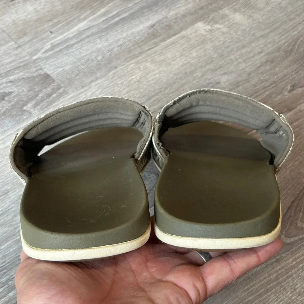 Olukai Maha Olu Slide Mens Olive Green Palm Print Sandals 10517 Size 11